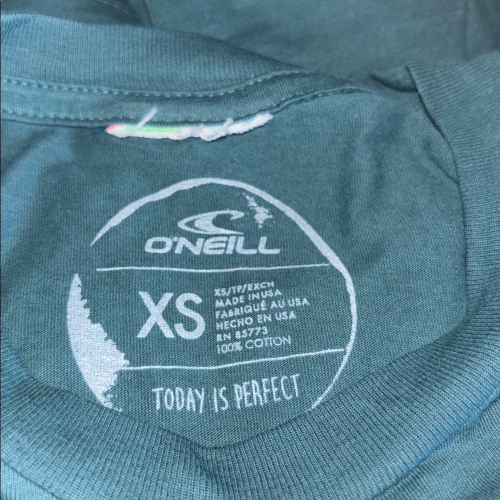 Aloha!  O'Neill aloha hibiscus tee shirt in green, pink, yellow. Size XS. EUC. - Picture 9 of 9